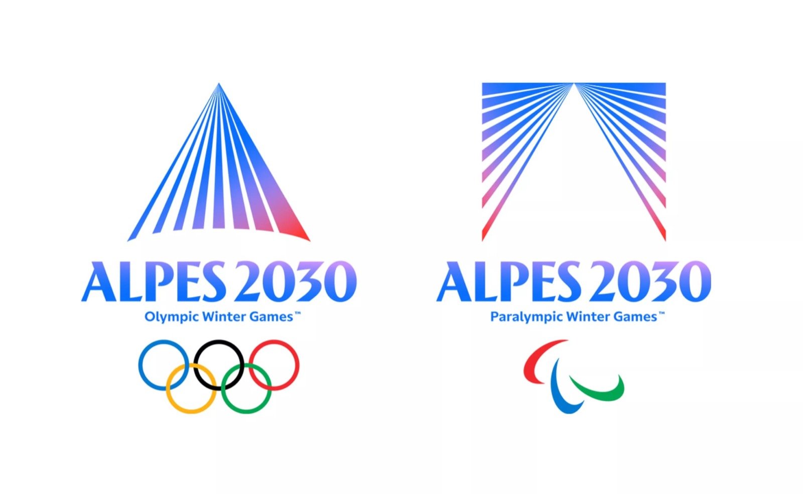 Les emblèmes olympique et paralympique d'Alpes 2030 côte à côte : le triangle et sa version inversée