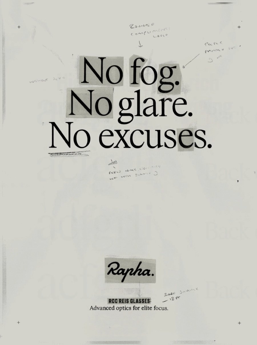 Campagne Rapha 'No fog. No glare. No excuses.' portée par le nouveau système typographique