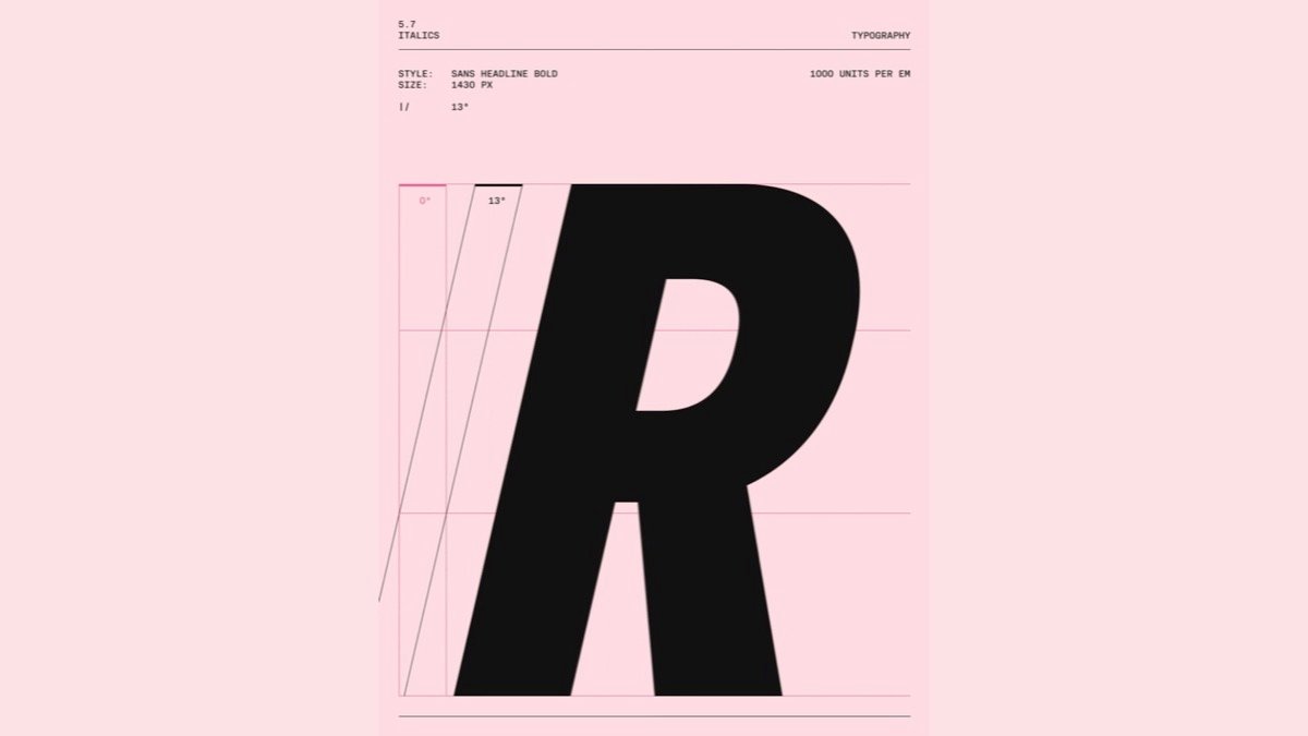Spécimen typographique du nouveau système de Rapha : un R en italique sur fond rose
