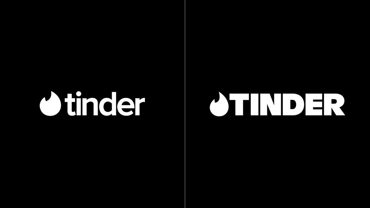 Avant après du logo Tinder : lettrage en bas de casse à gauche, capitales grasses à droite, sur fond noir