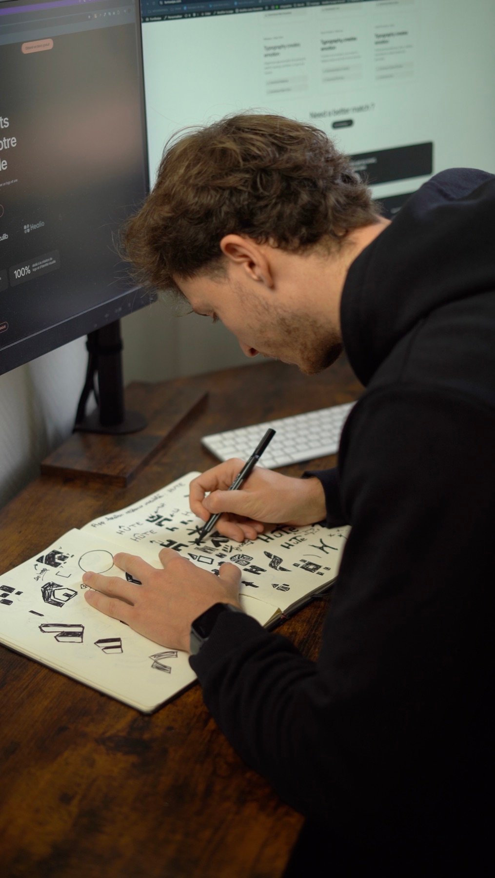 Adrien Ka, fondateur d'Infographiks, crayonnant des logos à son bureau