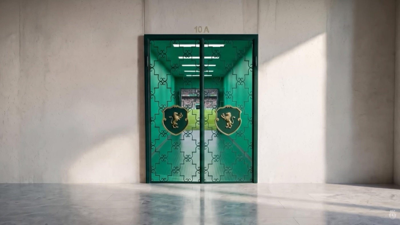 La Porta 10-A du stade José Alvalade habillée à la nouvelle identité du Sporting, avec l'écusson doré et le motif d'entrelacs