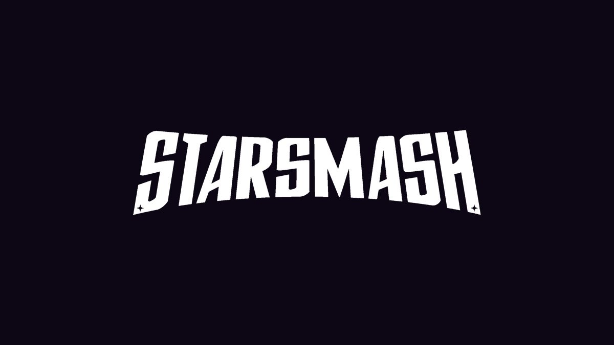 Le logo Starsmash, lettrage blanc incliné sur fond sombre étoilé