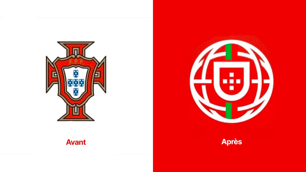 Comparaison avant / après du logo de la Fédération portugaise de football : l'ancien blason héraldique et le nouveau logo minimaliste